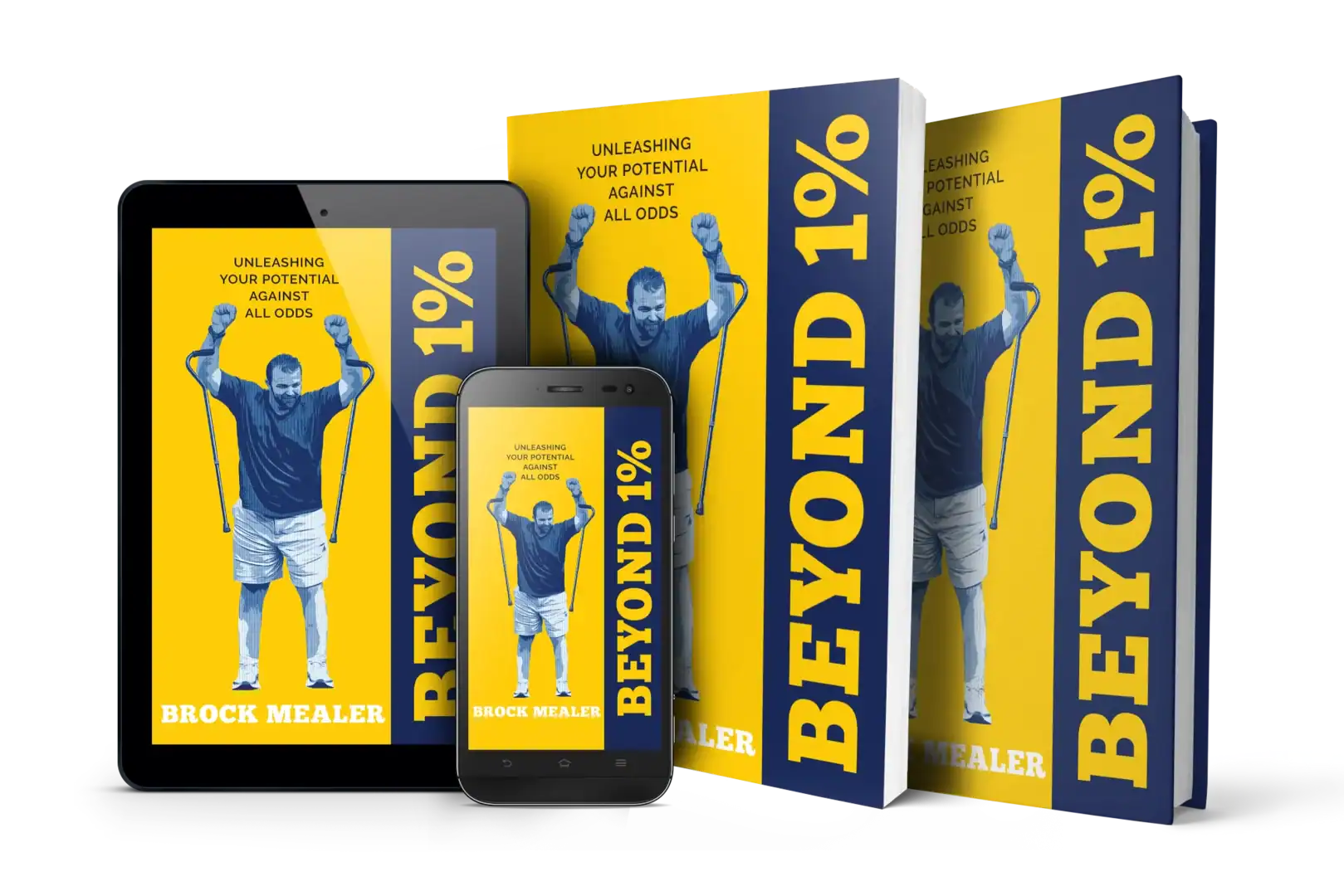 Brock Mealer holding a book titled Beyond 1% with a yellow and blue cover.